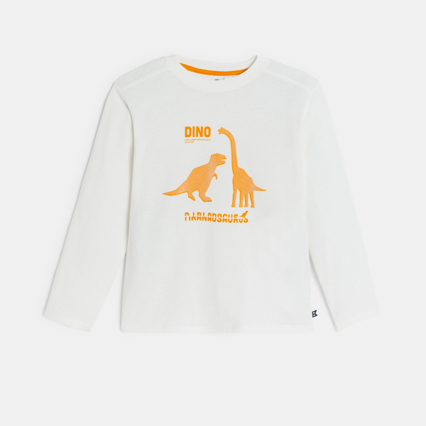 تيشيرت بأكمام طويلة ورسمة ديناصور، باللون الأبيض، للفتيان